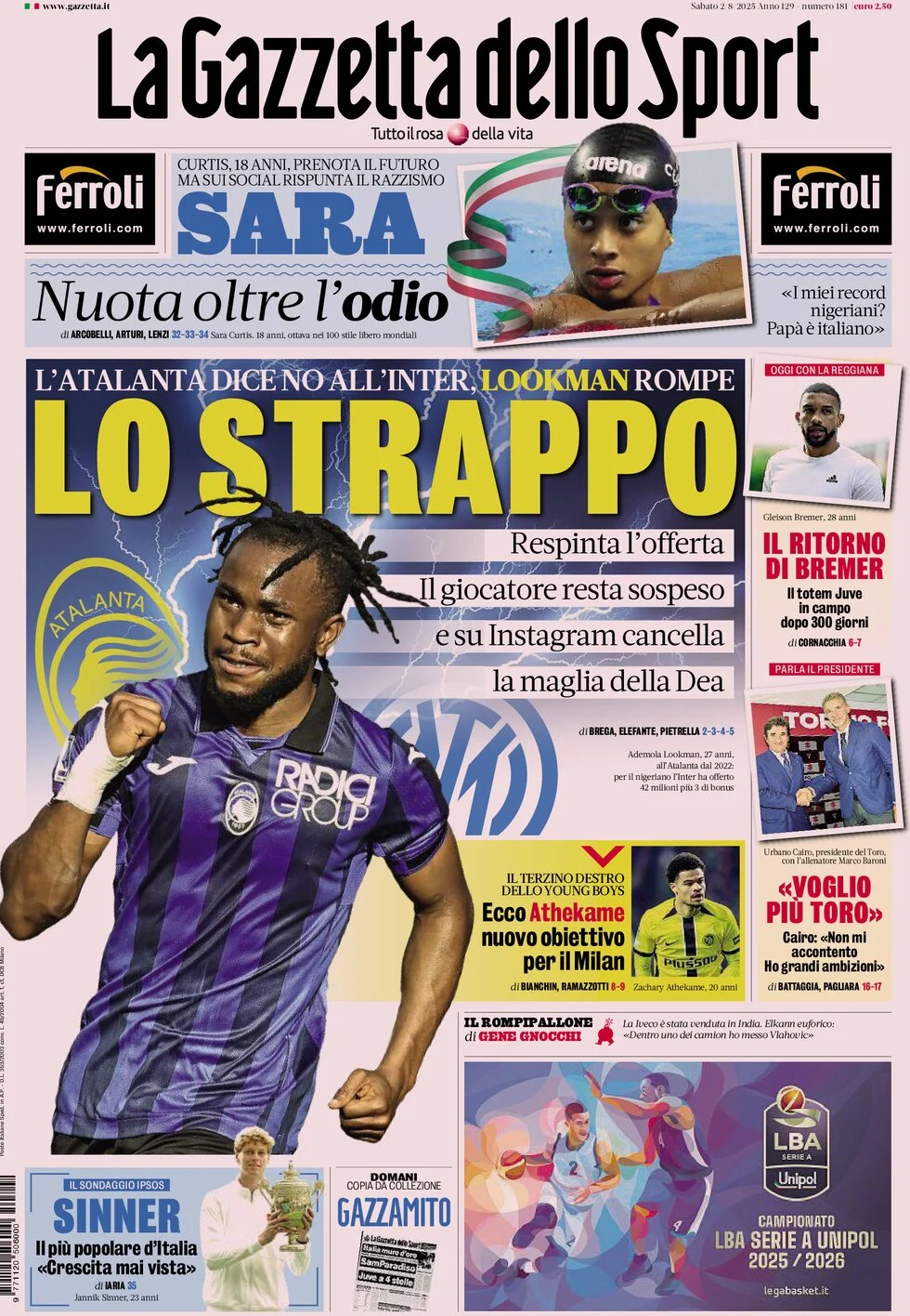 anteprima della prima pagina di la-gazzetta-dello-sport del 02/08/2025
