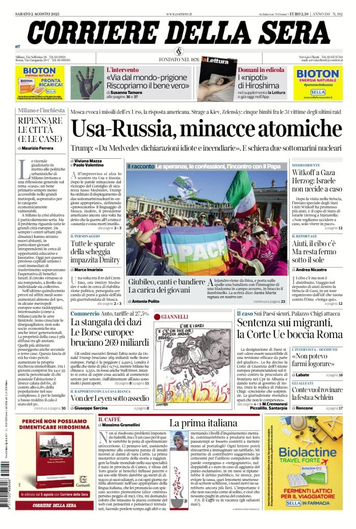 anteprima della prima pagina di corriere-della-sera del 02/08/2025