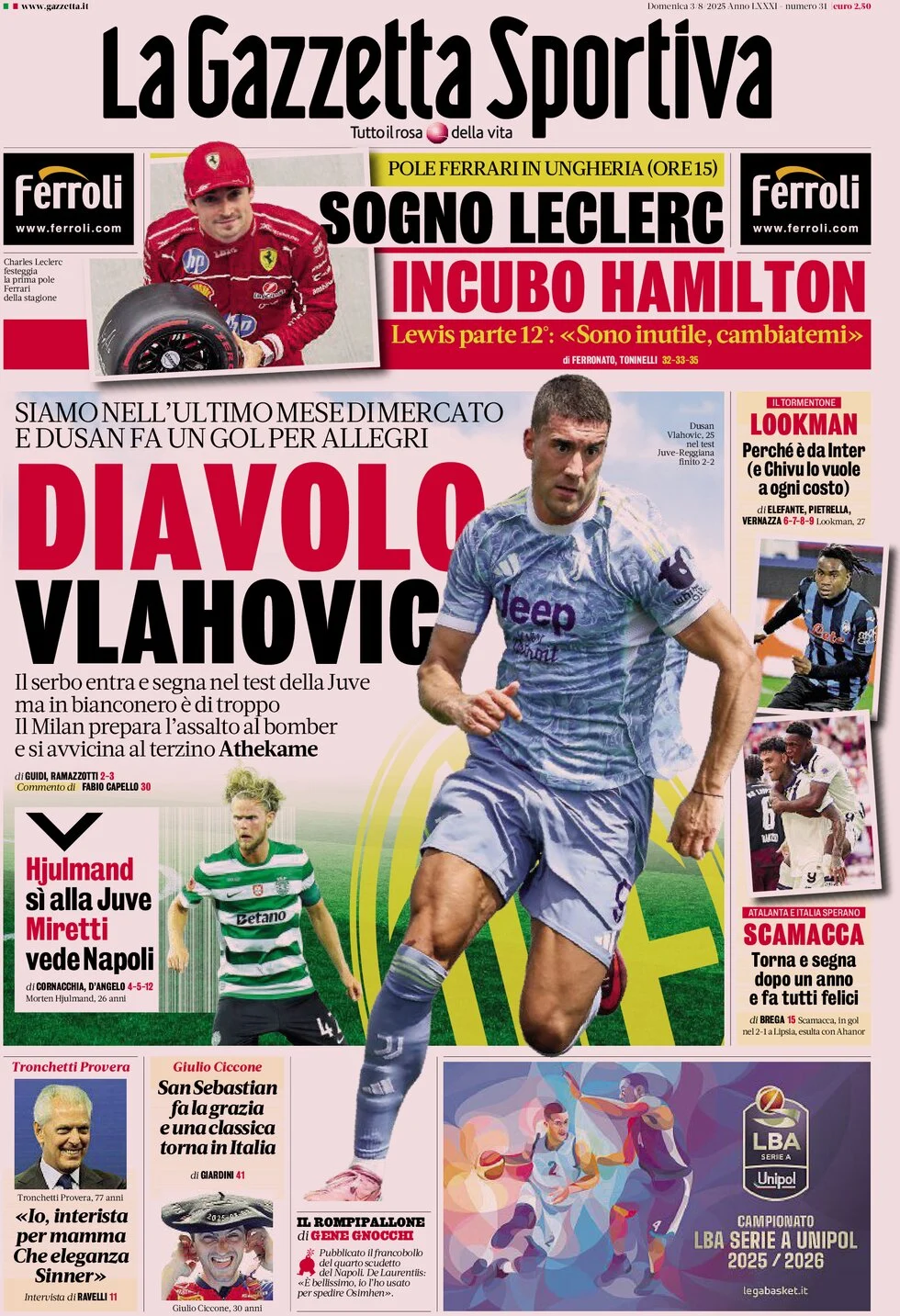 anteprima della prima pagina di la-gazzetta-dello-sport del 03/08/2025