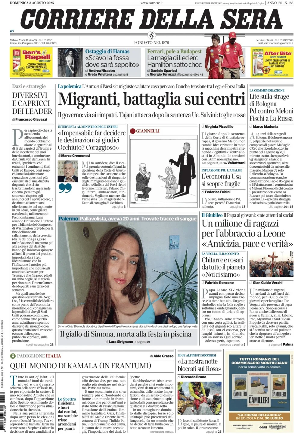 anteprima della prima pagina di corriere-della-sera del 03/08/2025