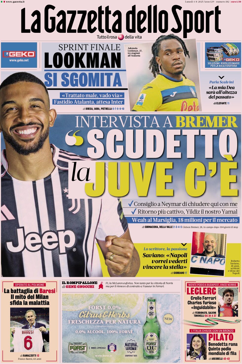 anteprima della prima pagina di la-gazzetta-dello-sport del 04/08/2025