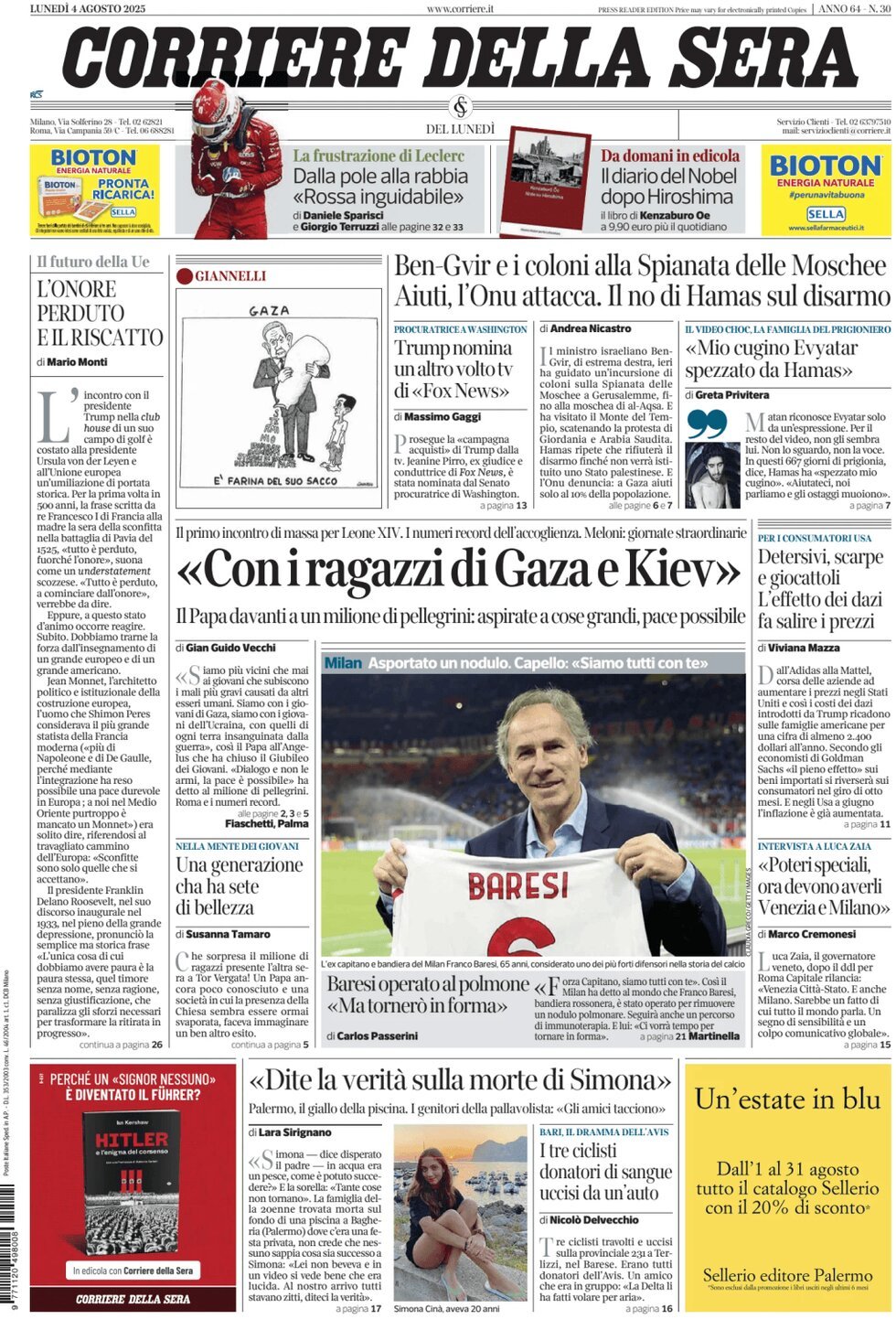 anteprima della prima pagina di corriere-della-sera del 04/08/2025