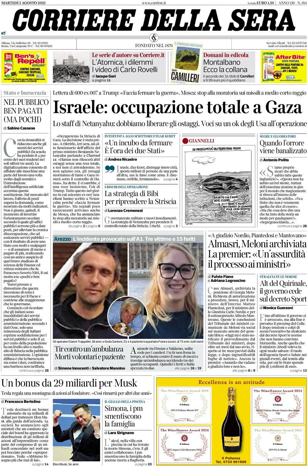 anteprima della prima pagina di corriere-della-sera del 05/08/2025