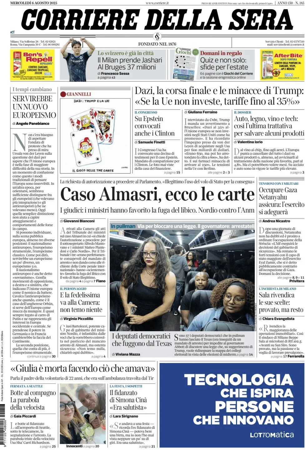 anteprima della prima pagina di corriere-della-sera del 06/08/2025