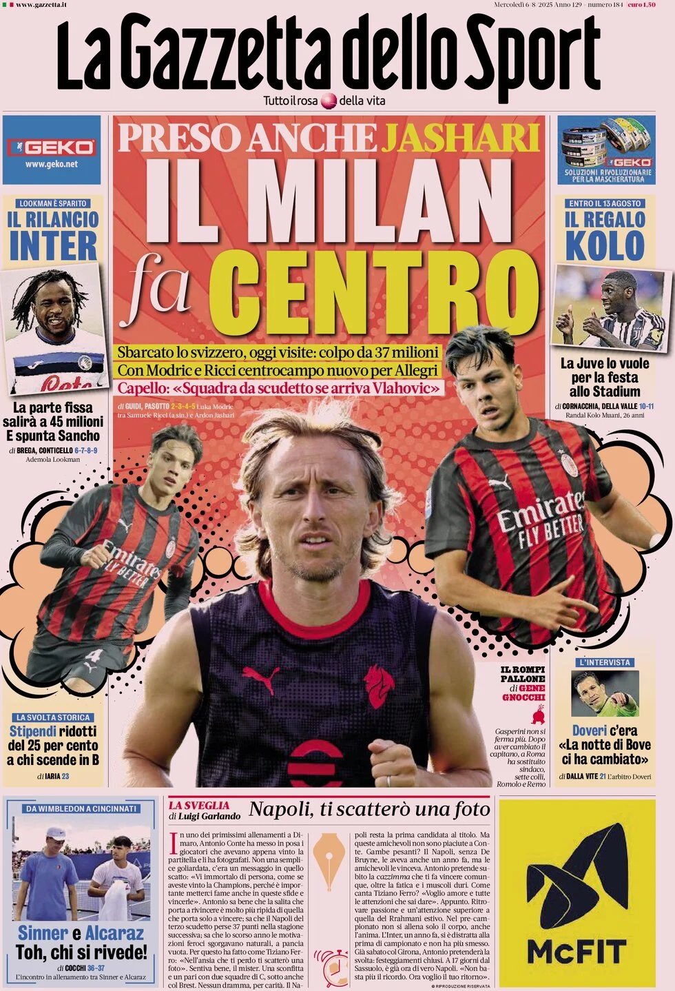 anteprima della prima pagina di la-gazzetta-dello-sport del 06/08/2025