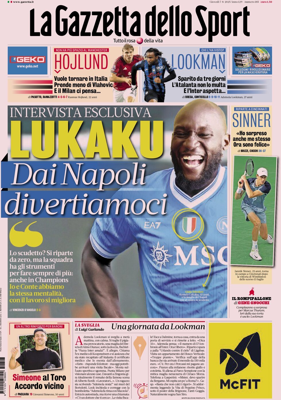 anteprima della prima pagina di la-gazzetta-dello-sport del 07/08/2025