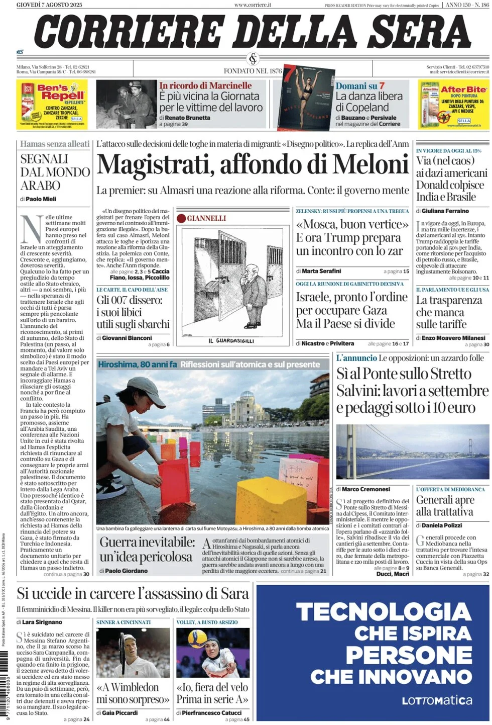anteprima della prima pagina di corriere-della-sera del 07/08/2025