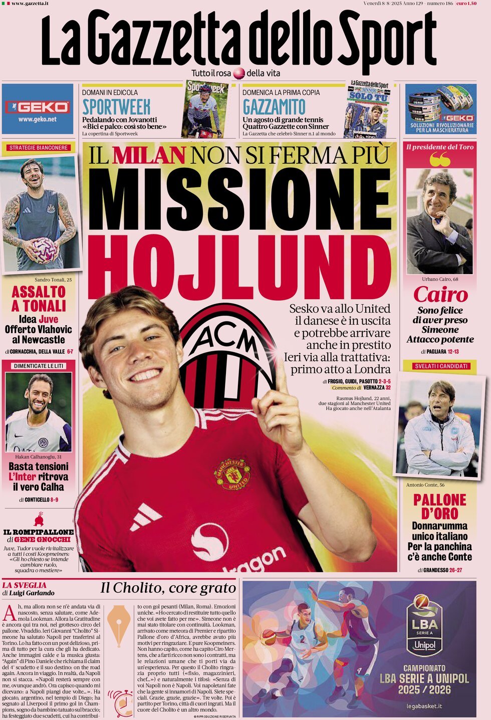 anteprima della prima pagina di la-gazzetta-dello-sport del 08/08/2025