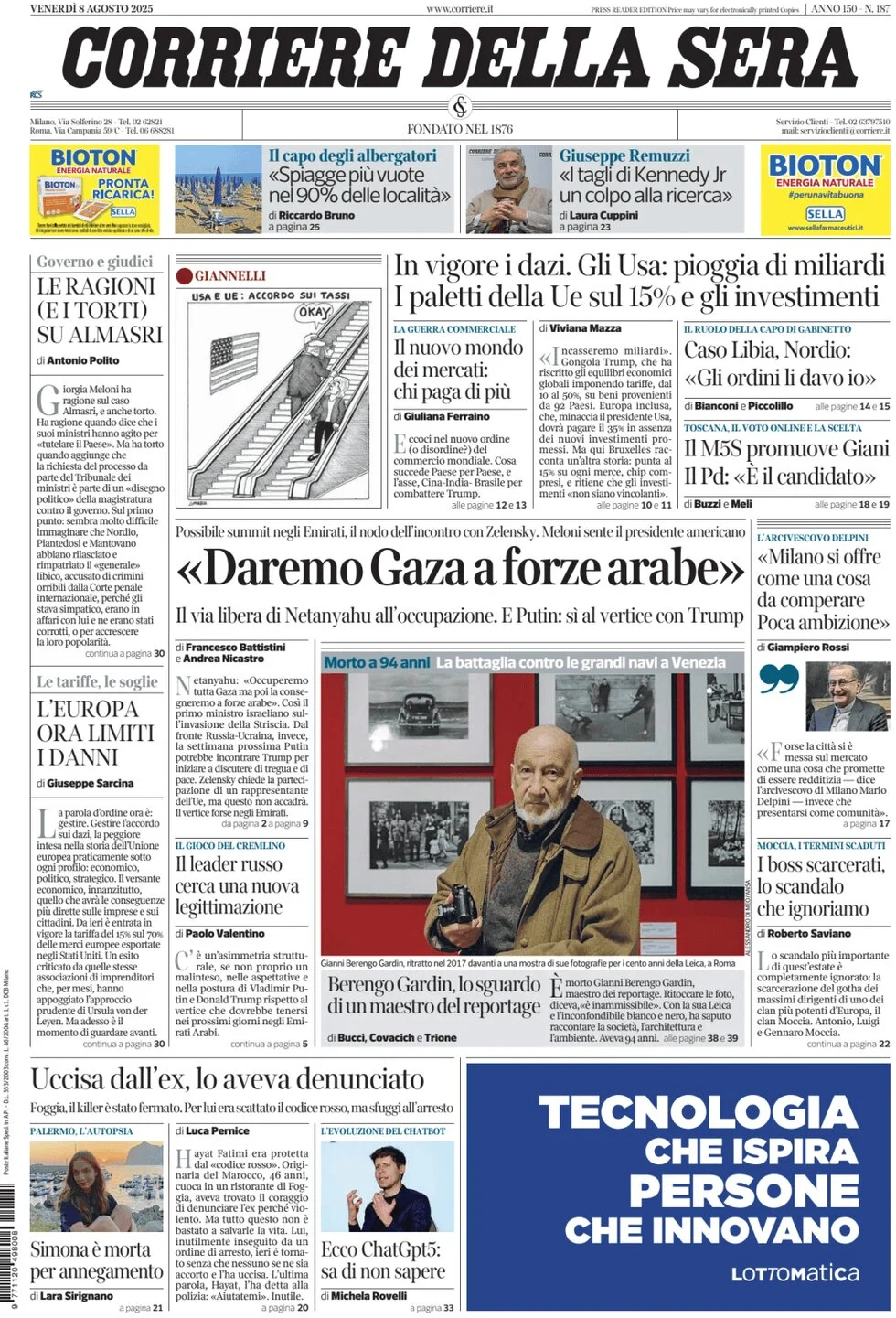 anteprima della prima pagina di corriere-della-sera del 08/08/2025
