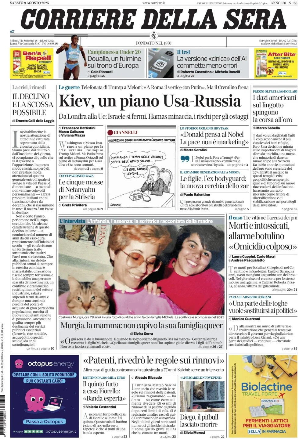 anteprima della prima pagina di corriere-della-sera del 09/08/2025