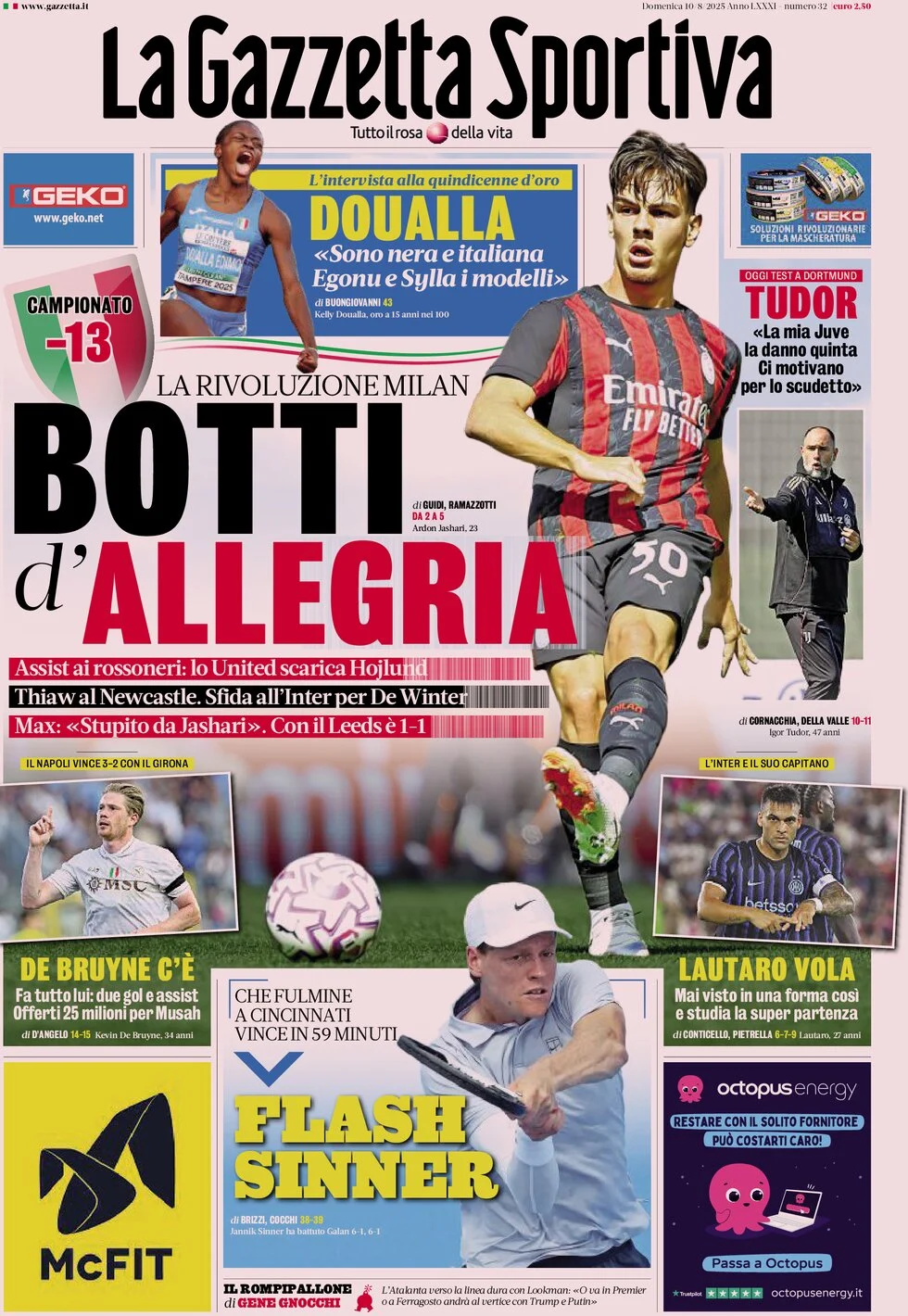 anteprima della prima pagina di la-gazzetta-dello-sport del 10/08/2025