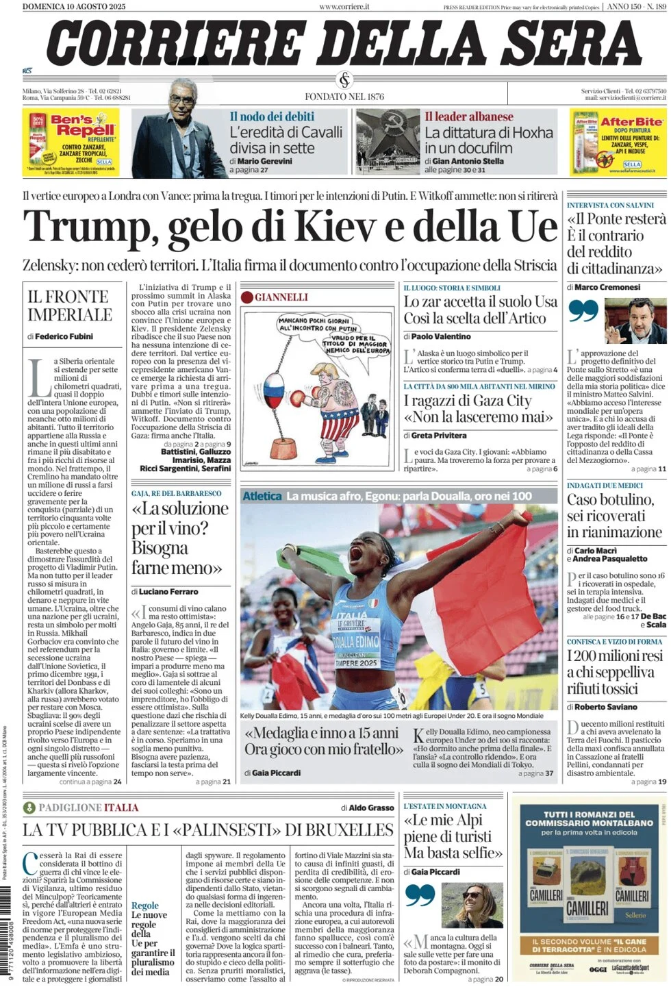 anteprima della prima pagina di corriere-della-sera del 10/08/2025