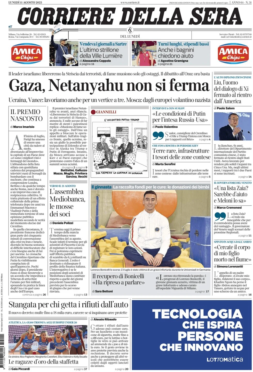 anteprima della prima pagina di corriere-della-sera del 11/08/2025
