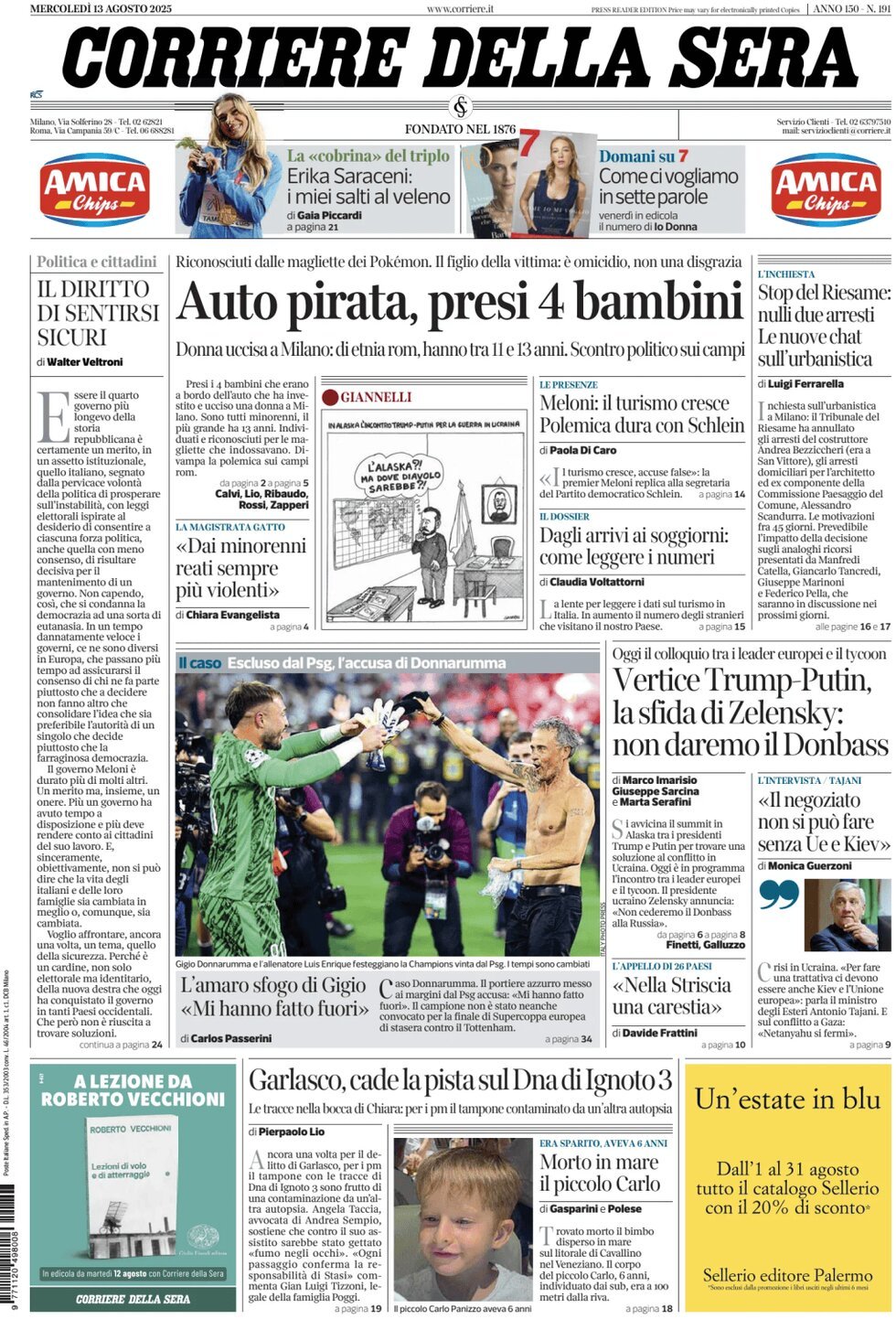anteprima della prima pagina di corriere-della-sera del 13/08/2025