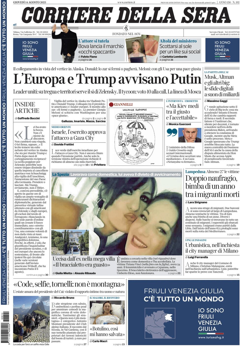anteprima della prima pagina di corriere-della-sera del 14/08/2025