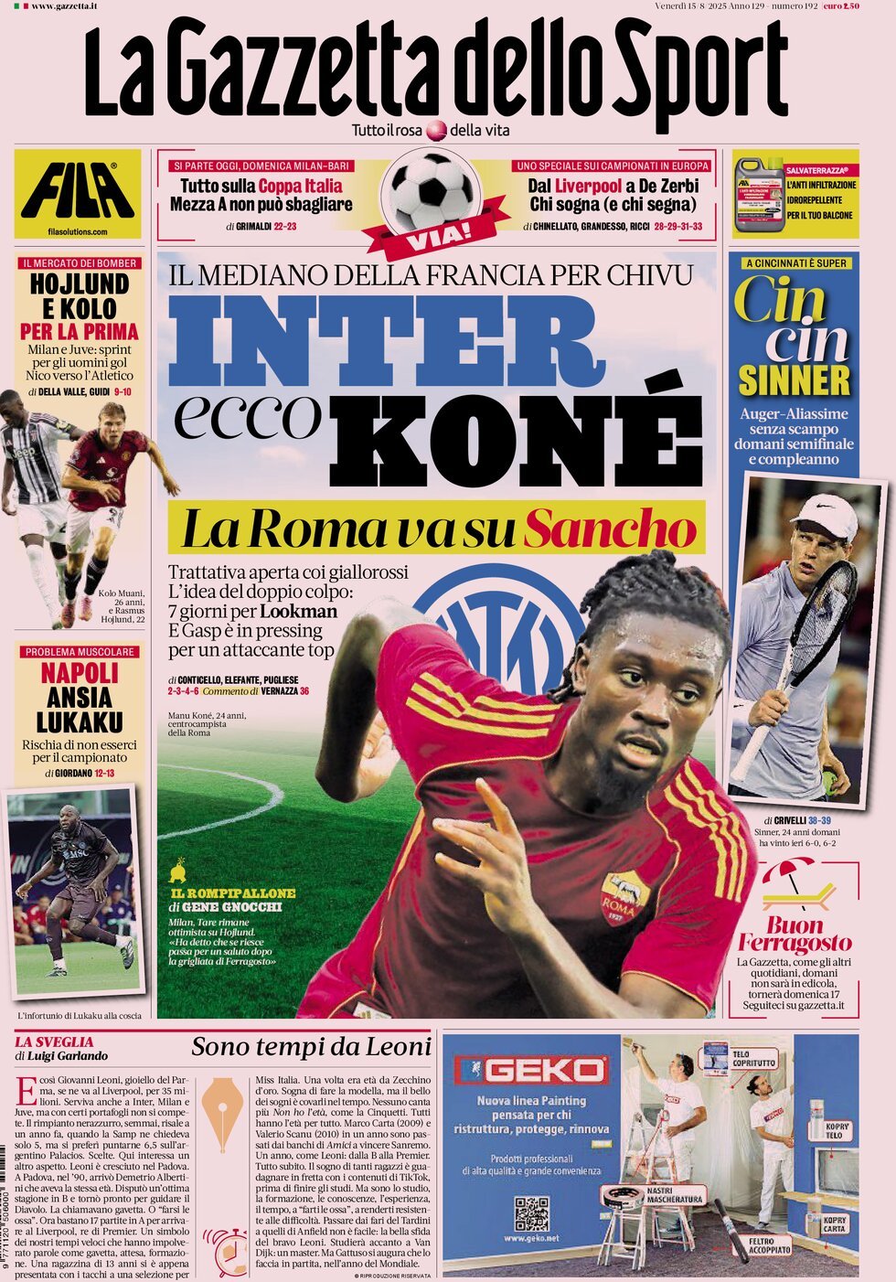 anteprima della prima pagina di la-gazzetta-dello-sport del 15/08/2025