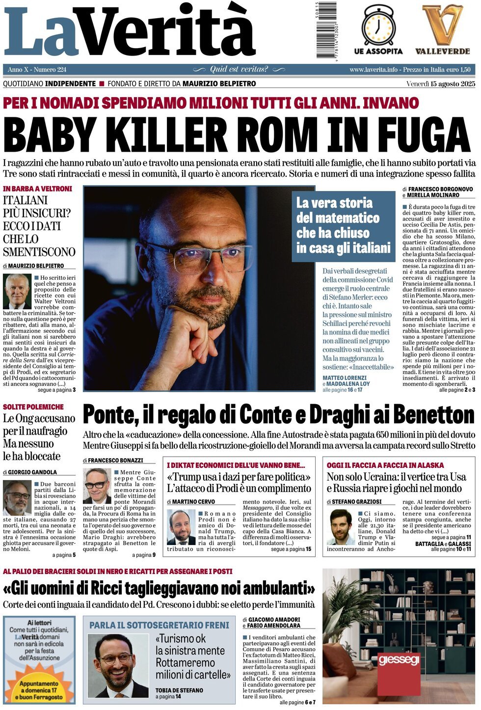 anteprima della prima pagina di La Verità