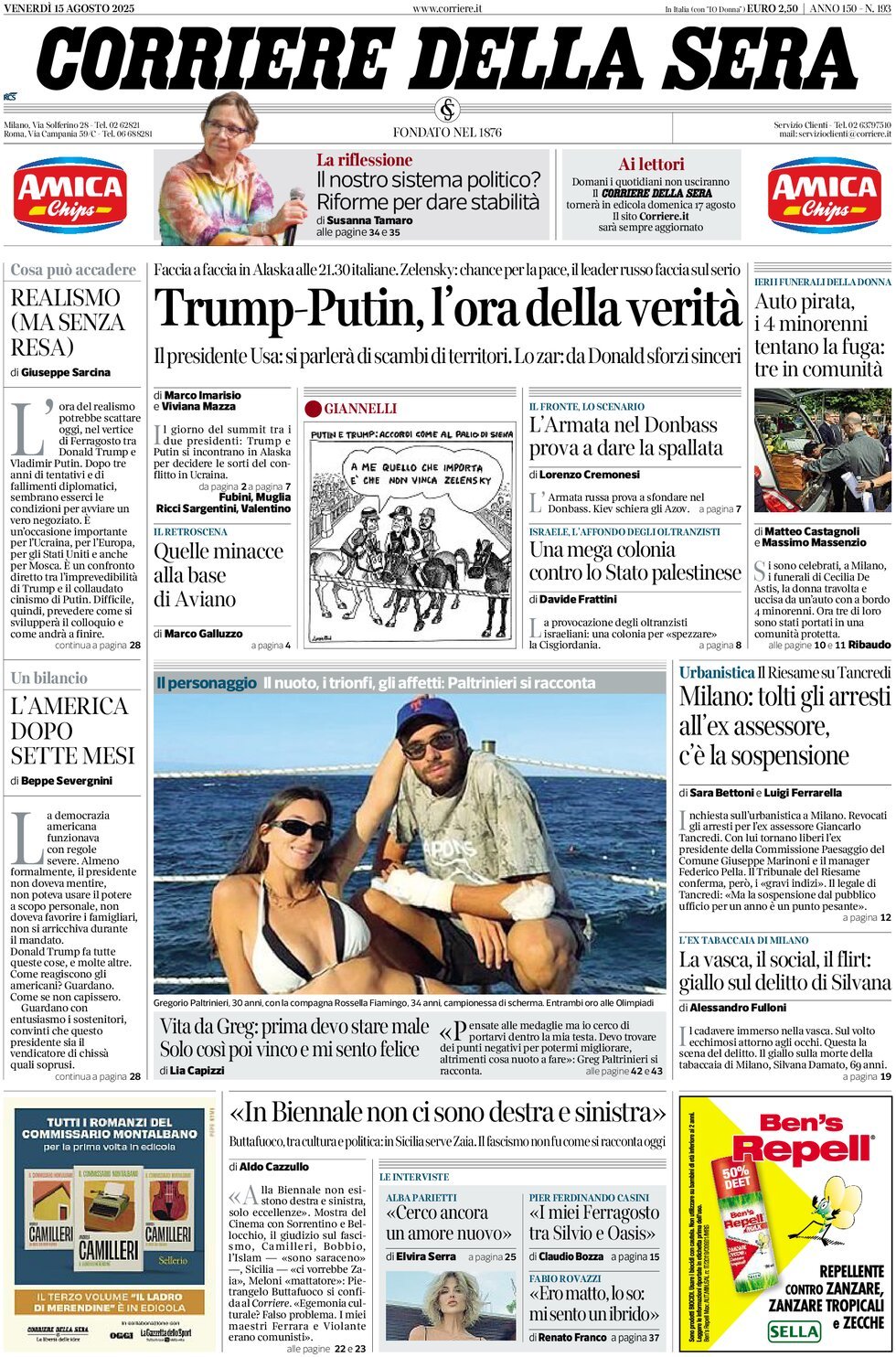 anteprima della prima pagina di corriere-della-sera del 15/08/2025
