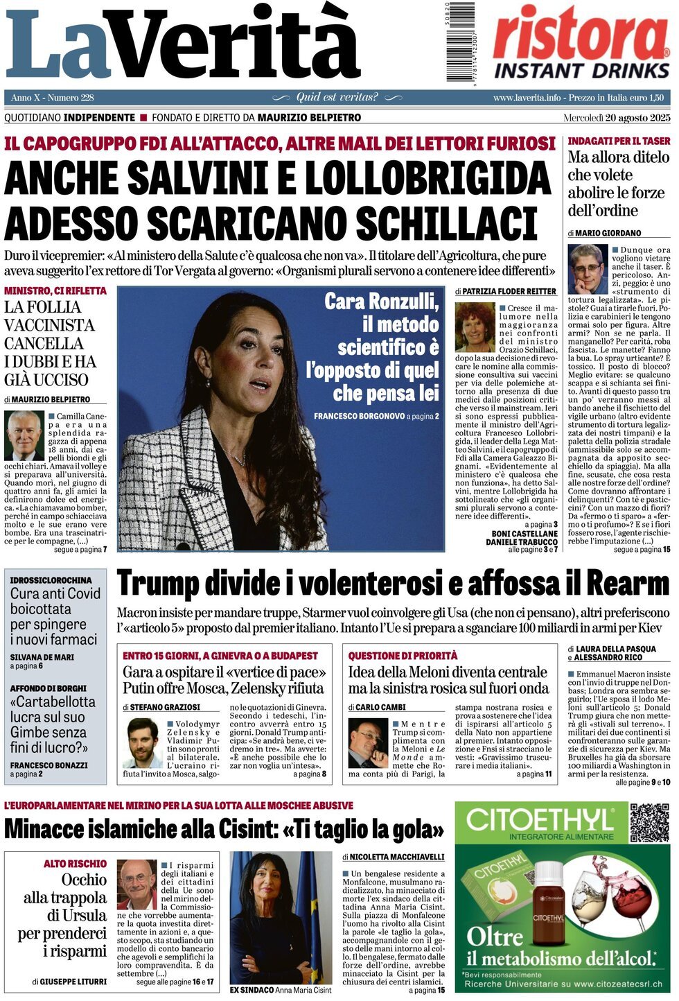 anteprima della prima pagina di La Verità