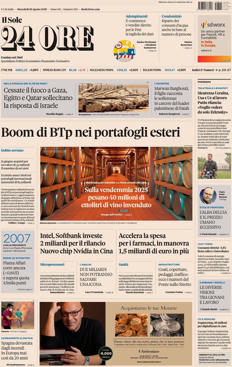 anteprima della prima pagina di Il Sole 24 Ore