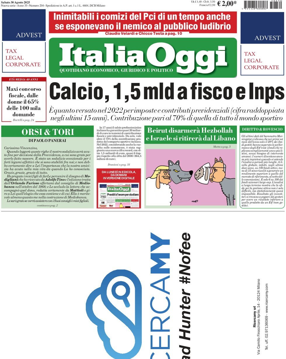anteprima della prima pagina di ItaliaOggi