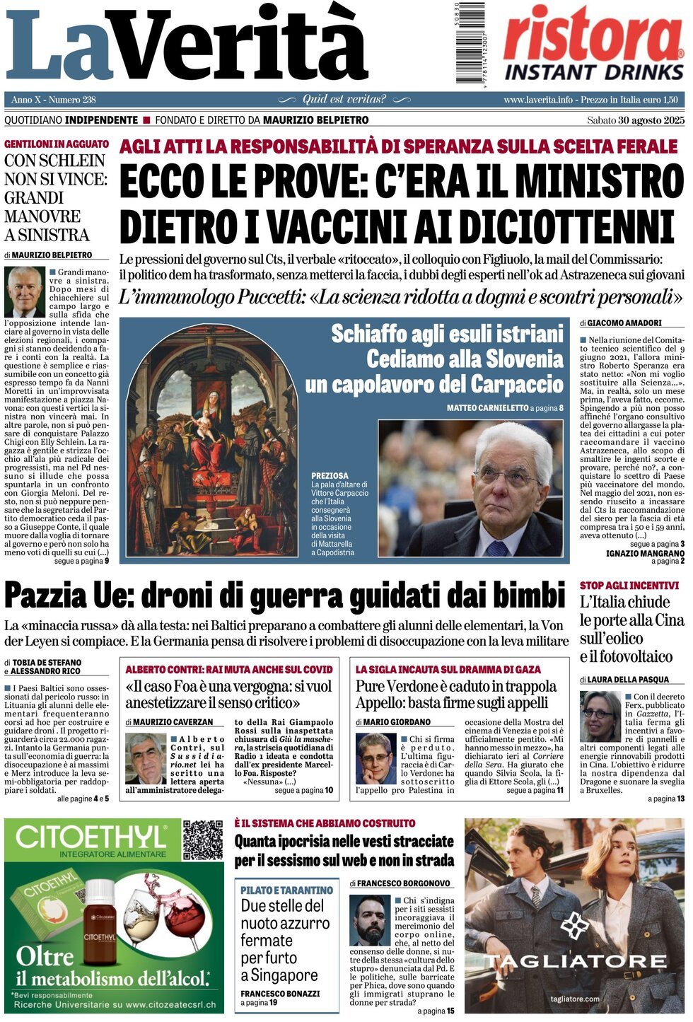 anteprima della prima pagina di La Verità