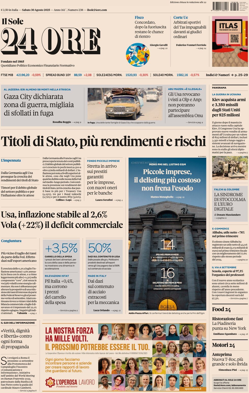 anteprima della prima pagina di Il Sole 24 Ore