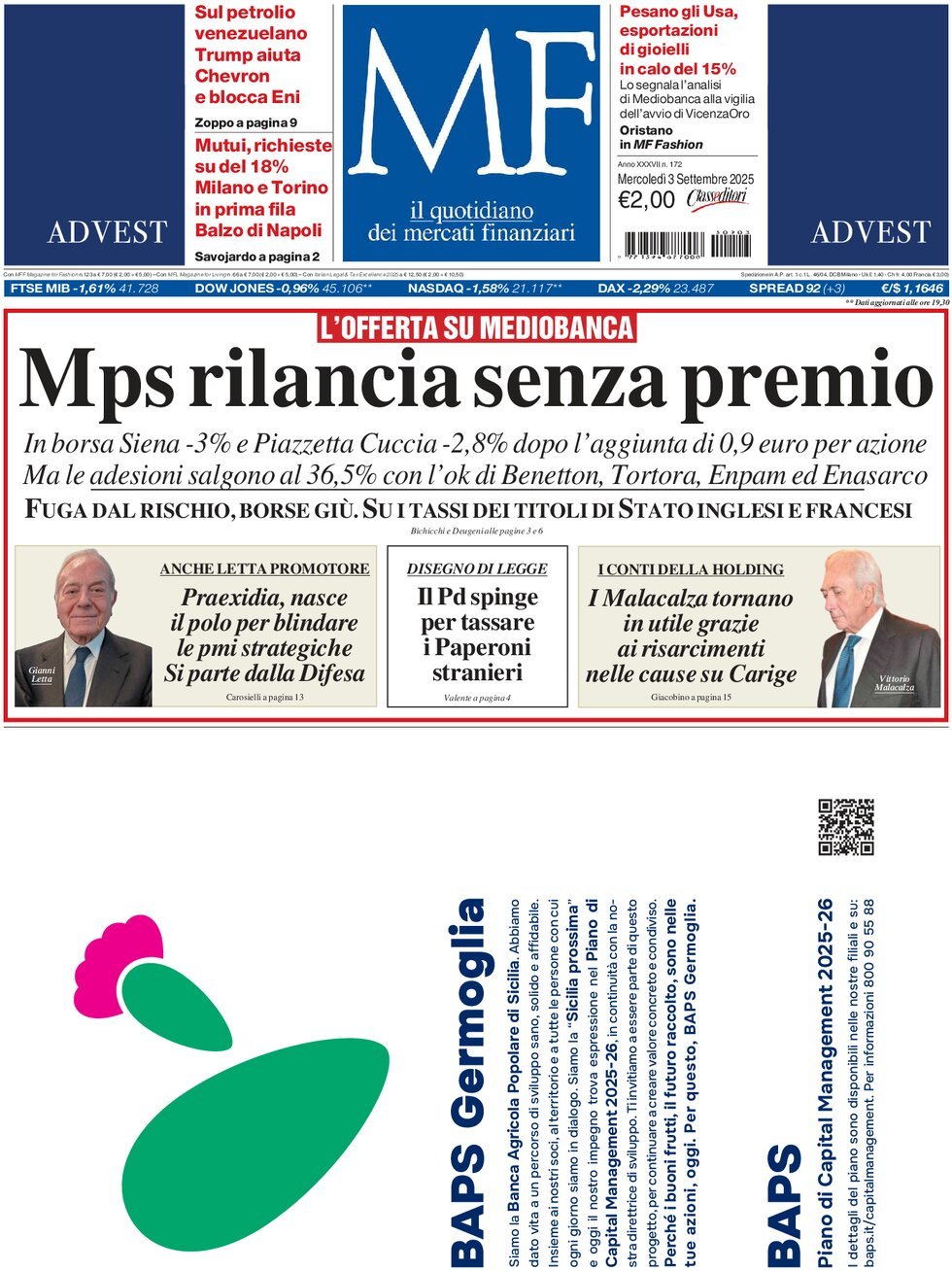anteprima della prima pagina di MF Milano Finanza